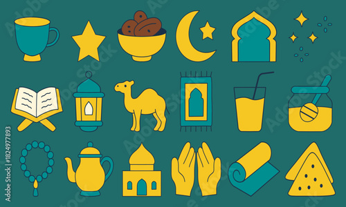 Ramadan mini icon set with cute flat doodle style. A simple and adorable collection of Ramadan mini icons, including tasbih, sajadah, Quran, lantern, teapot, camel, and dates