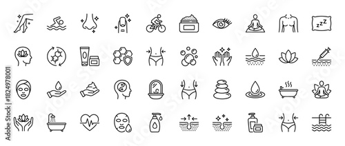 Beauty and wellness line icon set. Vector pictograms of skincare, spa, fitness, and relaxation concepts, thin linear illustration.