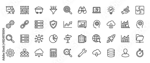 Technology and data analysis line icon set. Vector pictograms of server, cloud computing, research, and graphs, thin linear illustration.