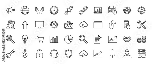 Business and technology line icon set. Vector pictograms of charts, gear, monitor, security, and finance, thin linear illustration.