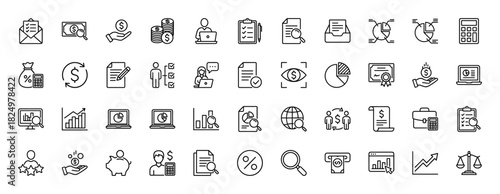 Finance and business line icon set. Vector pictograms of analysis, money, charts, and investment, thin linear illustration.
