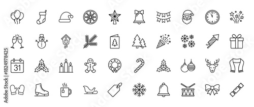 Winter holiday and new year line icon set. Vector pictograms of santa, ornaments, snowflake, sleigh, and gifts, thin linear illustration.