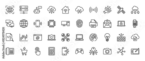 Technology line icon set. Vector pictograms of server, robot, cloud, chip, satellite, drone, security, brain, thin linear illustration.