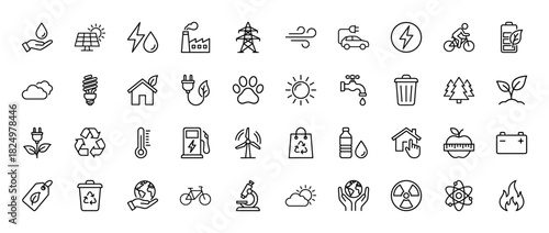 Ecology and renewable energy line icon set. Vector pictograms of wind turbine, solar panel, recycling, and power transmission, thin linear illustration.