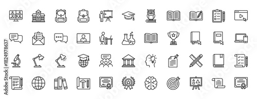 Education line icon set. Vector pictograms of graduation cap, school building, backpack, books, microscope, and certificate, thin linear illustration.