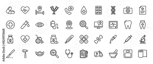 Medical healthcare line icon set. Vector pictograms of stethoscope, syringe, medicine, ambulance, and hospital bed, thin linear illustration.