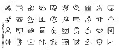 Finance and business line icon set. Vector pictograms of wallet, credit card, piggy bank, calculator, and growth chart, thin linear illustration.