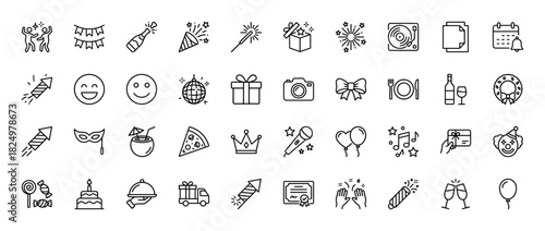 Party and celebration line icon set. Vector pictograms of confetti, fireworks, presents, champagne, and music, thin linear illustration.