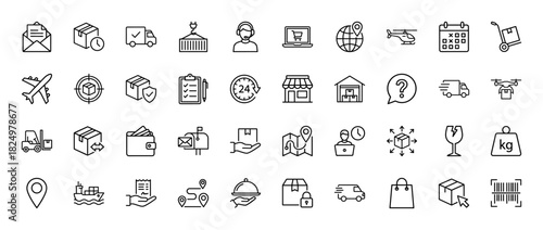Logistics and delivery line icon set. Vector pictograms of shipping boxes, tracking, warehouse, and transportation, thin linear illustration.