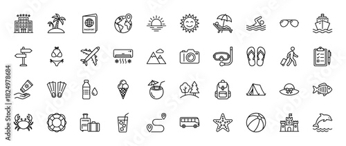 Travel and tourism line icon set. Vector pictograms of beach chair, airplane, passport, and cruise ship, thin linear illustration.