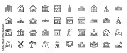 Architecture and cityscape line icon set. Vector pictograms of residential houses, corporate towers, and public buildings, thin linear illustration.