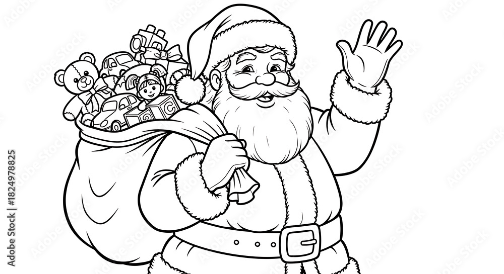 Fototapeta premium Santa claus waving with a sack full of toys in black and white line art illustration style drawing