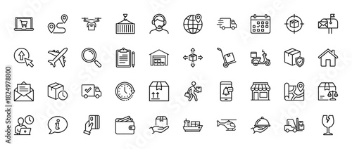 Logistics and delivery line icon set. Vector pictograms of truck, drone, warehouse, courier, shipping, container, plane and packaging, thin linear illustration.