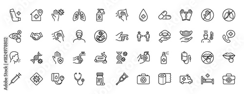 Medical healthcare line icon set. Vector pictograms of lungs, hand sanitizer, mask, stethoscope, first aid kit, and virus, thin linear illustration.