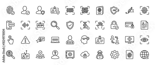 Cybersecurity and personal identification line icon set. Vector pictograms of fingerprint, password, ID card, key, and safe, thin linear illustration.