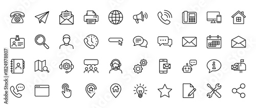 Contact and communication line icon set. Vector pictograms of mail, phone, chat, headset, support agent, map, location, message, web, thin linear illustration.