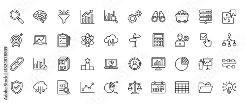 Business and data analysis line icon set. Vector pictograms of charts, gear, brain, server, and calendar, thin linear illustration.