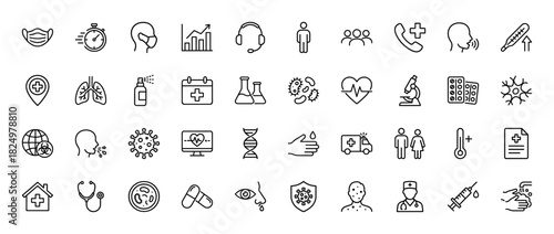 Medical and healthcare line icon set. Vector pictograms of syringe, lungs, mask, virus, and thermometer, thin linear illustration.