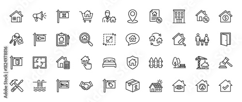 Real estate line icon set. Vector pictograms of house, realtor, keys, contract, building, and location, thin linear illustration.