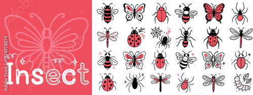 Insects and Bugs Hand-Drawn Icon Set. Cute Doodle Butterfly and Ladybug Collection.