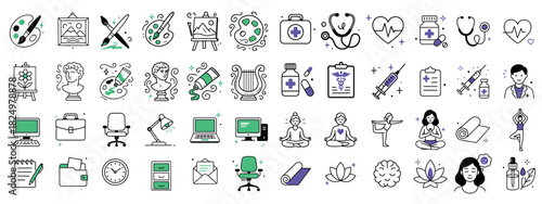 Art, Health, Office, and Wellness Icon Set. Hand-Drawn Doodle Multipurpose Collection.