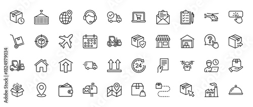 Logistics and delivery line icon set. Vector pictograms of shipping, warehouse, airplane, drone, and calendar, thin linear illustration.