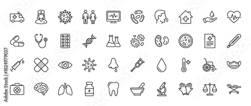 Medical line icon set. Vector pictograms of syringe, bacteria, dna, stethoscope, pills, and ambulance, thin linear illustration.