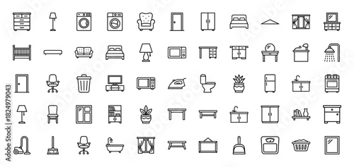 Home furniture and appliances line icon set. Vector pictograms of bed, chair, dresser, wardrobe, stove, and washer, thin linear illustration.
