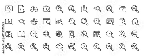 Search and data analysis line icon set. Vector pictograms of magnifying glass, briefcase, documents, charts, map, and calendar, thin linear illustration.