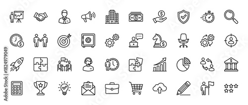 Business line icon set. Vector pictograms of office buildings, finance, management, and strategy, thin linear illustration.