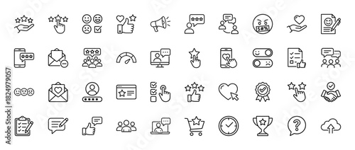 Customer experience and satisfaction line icon set. Vector pictograms of feedback, review, rating, like, and checklist, thin linear illustration.