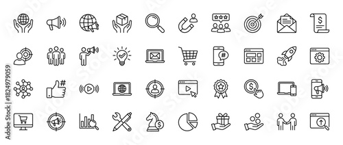 Marketing and digital business line icon set. Vector pictograms of megaphone, target, finance, search, and hands, thin linear illustration.