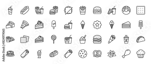 Food outline icon set. Vector pictograms of fast food, desserts, snacks, and sweets, thin linear illustration.