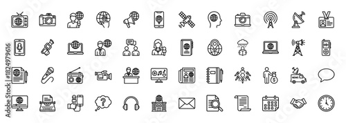News and media line icon set. Vector pictograms of journalist, camera, satellite, laptop, and microphone, thin linear illustration.