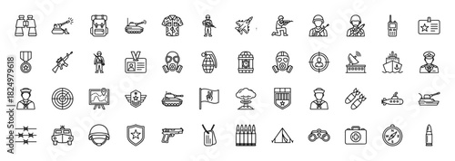 Military and army outline icon set. Vector pictograms of soldier, tank, submarine, aircraft, and weapons, thin linear illustration.