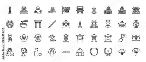 Japan tourism and culture line icon set. Vector pictograms of mount fuji, pagoda, torii gate, sumo, bonsai, samurai, and kimono, thin linear illustration.