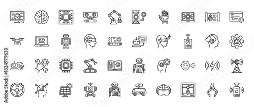 Robotics and artificial intelligence line icon set. Vector pictograms of machine learning, automation, brain, and neural network, thin linear illustration.