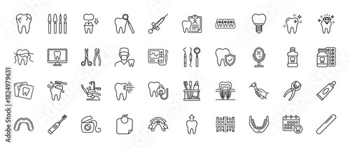 Dentistry line icon set. Vector pictograms of tooth, drill, mirror, tools, and dental instruments, thin linear illustration.