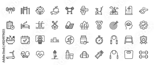 Fitness and health line icon set. Vector pictograms of apple, heart rate, dumbbells, treadmill, and yoga, thin linear illustration.