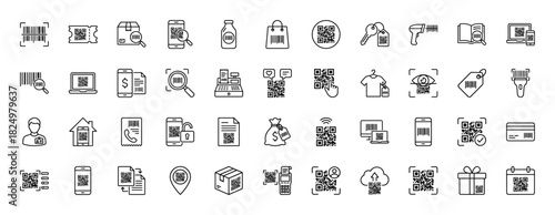E-commerce and retail line icon set. Vector pictograms of qr codes, barcodes, scanners, receipts, and mobile applications, thin linear illustration.