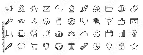 Technology and business line icon set. Vector pictograms of settings, cloud, router, chip, key, and calendar, thin linear illustration.