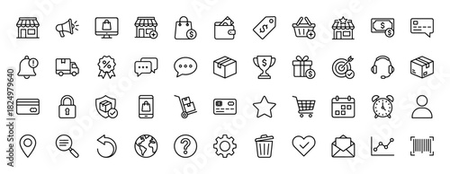 E-commerce and online shopping line icon set. Vector pictograms of shopping cart, wallet, delivery truck, and stores, thin linear illustration.