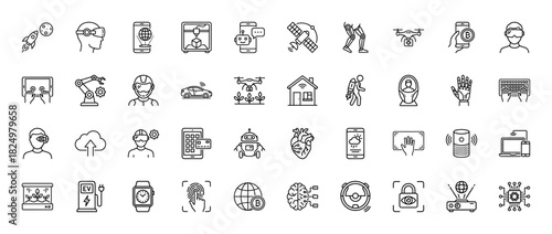 Technology and innovation line icon set. Vector pictograms of robotics, artificial intelligence, virtual reality, and smart devices, thin linear illustration.