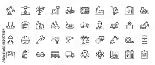 Industrial line icon set. Vector pictograms of factory, excavator, windmill, crane, and forklift, thin linear illustration.