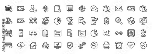 Business and finance line icon set. Vector pictograms of document, chart, delivery, user, and calendar, thin linear illustration.