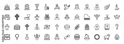 Christian religion line icon set. Vector pictograms of church, bible, cross, dove, angel, priest, chalice, candle and easter symbols, thin linear illustration.