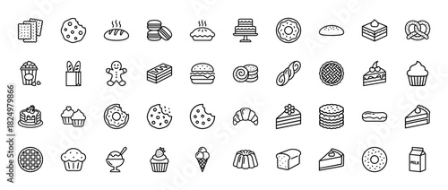Bakery and dessert line icon set. Vector pictograms of donut, cake, pie, bread, cookie, cupcake, ice cream, croissant, muffin, pretzel, thin linear illustration.