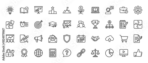 Business and education line icon set. Vector pictograms of idea, achievement, presentation, target, and planning, thin linear illustration.
