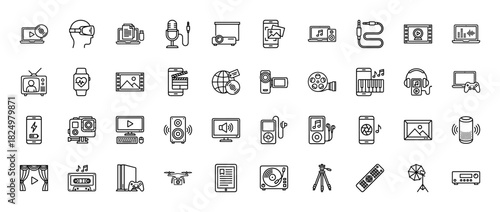 Digital media and entertainment line icon set. Vector pictograms of smartphone, laptop, camera, headphones, drone, and game console, thin linear illustration.