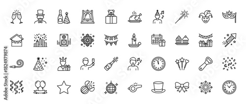 Party and celebration line icon set. Vector pictograms of confetti, champagne, fireworks, clock, and mask, thin linear illustration.